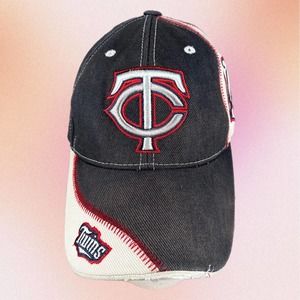 Twins Embroidered Faded Distressed MLB Logo Hat White Blue Hook and Loop Closure